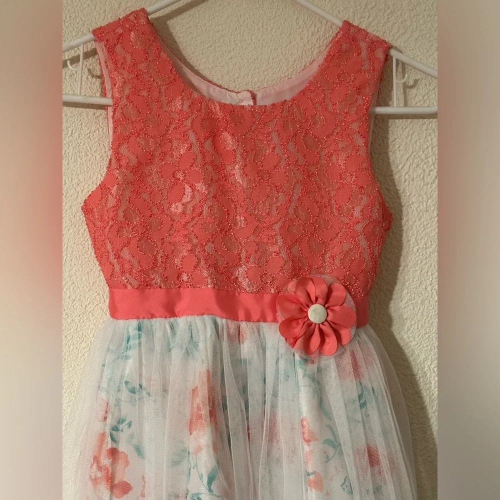 Jona Michelle Party Dress Girl Coral Lace Bodice Floral Print Under Tulle Size 8